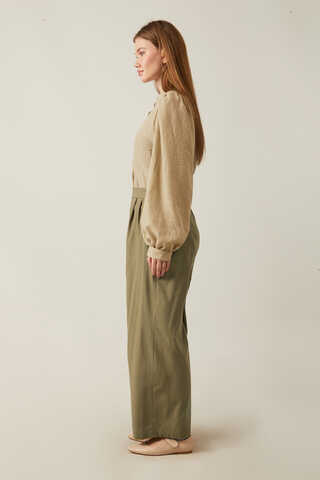 Linen Pleated Wide-Leg Pants Khaki - 8