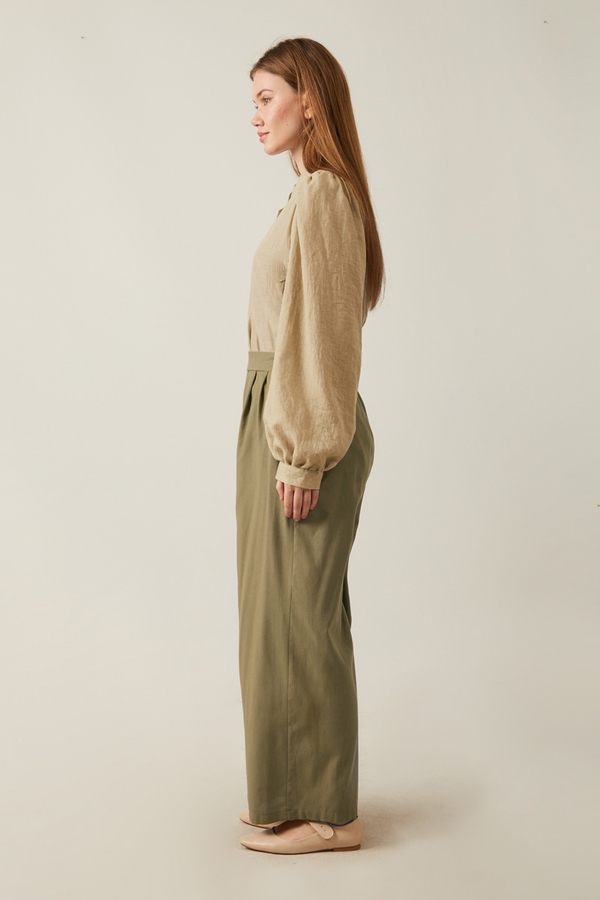 Linen Pleated Wide-Leg Pants Khaki - 8