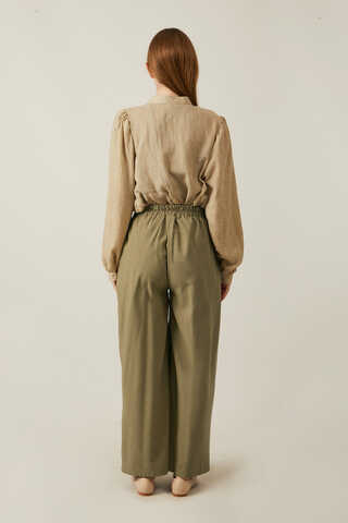 Linen Pleated Wide-Leg Pants Khaki - 9