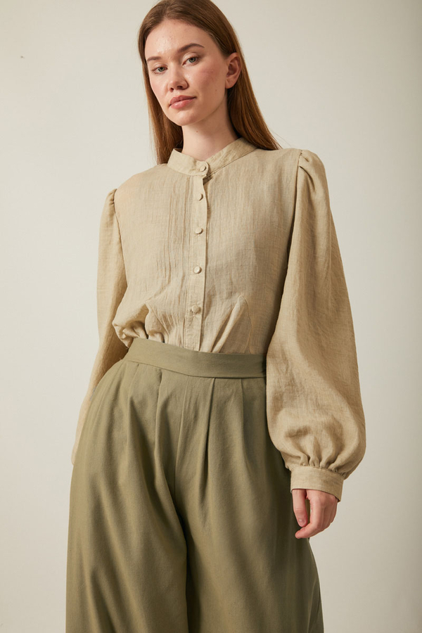 Linen Pleated Wide-Leg Pants Khaki - 3
