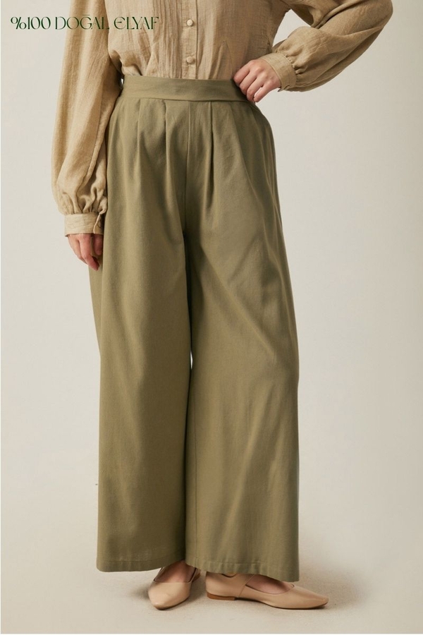 Linen Pleated Wide-Leg Pants Khaki - 1