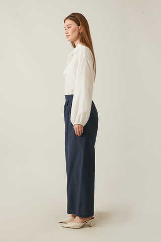 Linen Pleated Wide-Leg Pants Navy - 4