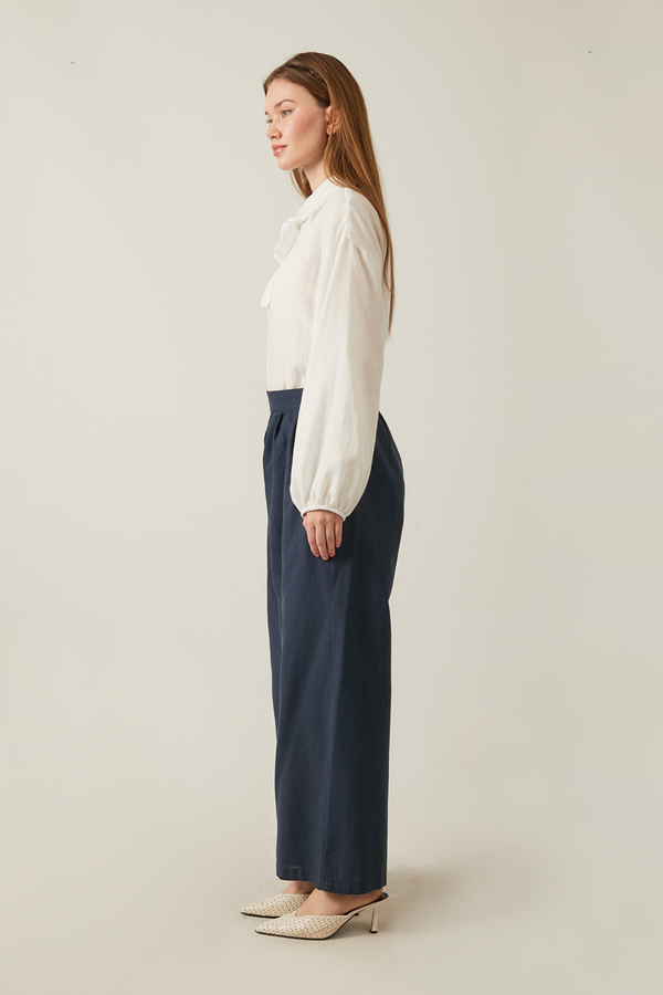 Linen Pleated Wide-Leg Pants Navy - 4