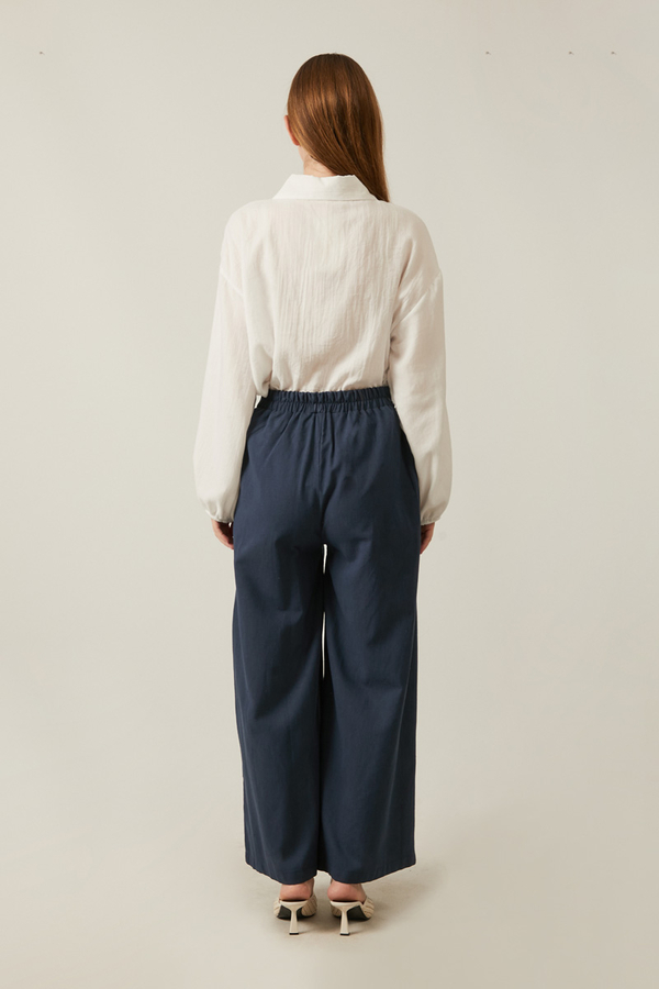 Linen Pleated Wide-Leg Pants Navy - 11