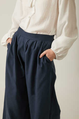 Linen Pleated Wide-Leg Pants Navy - 6