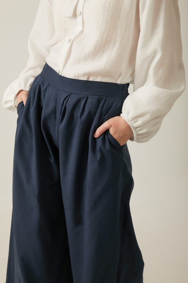 Linen Pleated Wide-Leg Pants Navy - 6