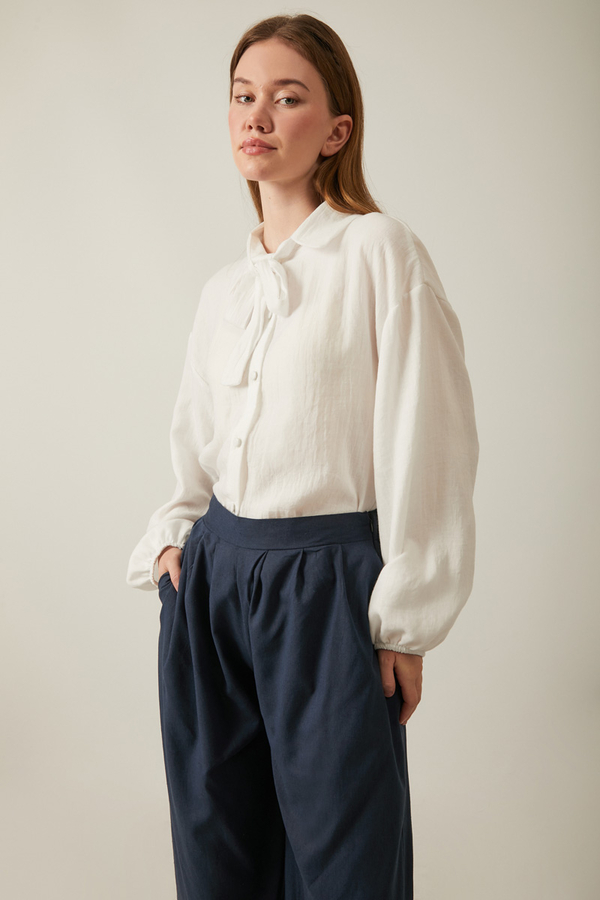 Linen Pleated Wide-Leg Pants Navy - 2