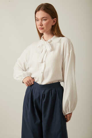 Linen Pleated Wide-Leg Pants Navy - 7