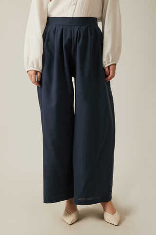 Linen Pleated Wide-Leg Pants Navy - 8