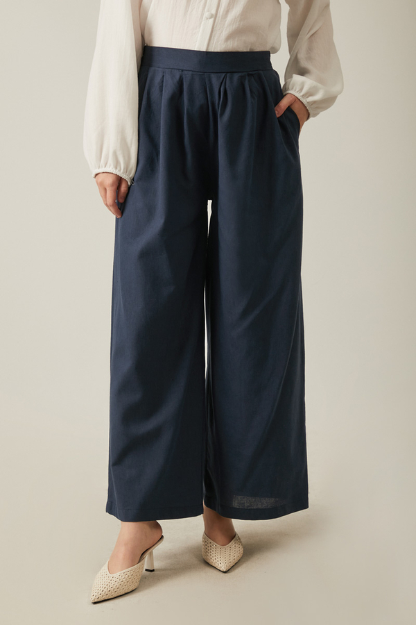 Linen Pleated Wide-Leg Pants Navy - 5