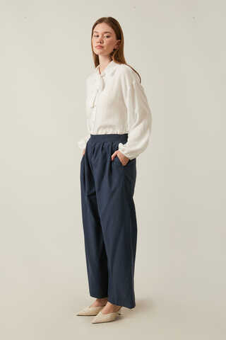 Linen Pleated Wide-Leg Pants Navy - 9