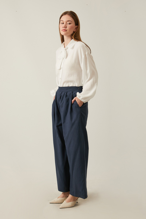 Linen Pleated Wide-Leg Pants Navy - 9