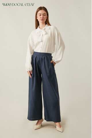Linen Pleated Wide-Leg Pants Navy - 1