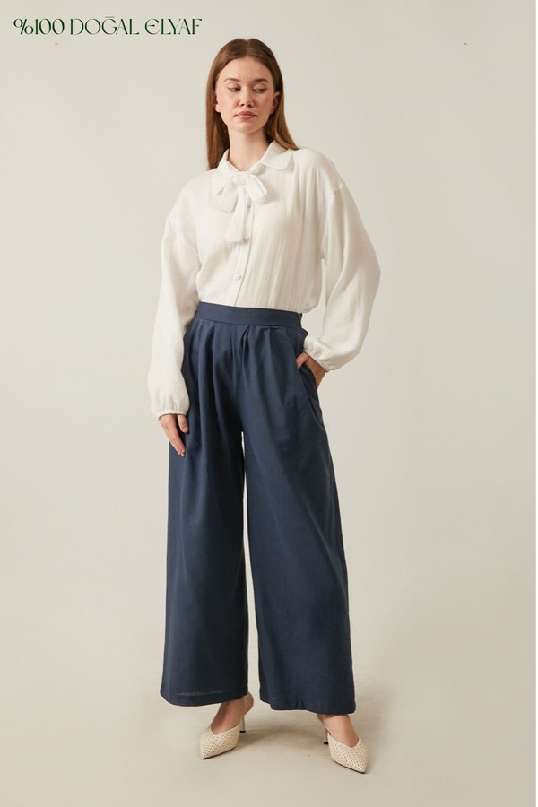 Linen Pleated Wide-Leg Pants Navy - 1