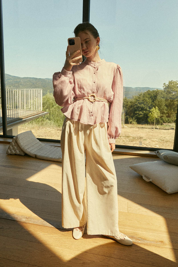 Linen Pleated Wide-Leg Pants Stone 