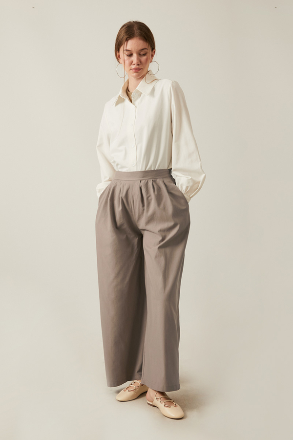 Linen Pleated Wide-Leg Pants Taupe - 9