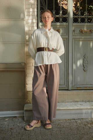 Linen Pleated Wide-Leg Pants Taupe - 3