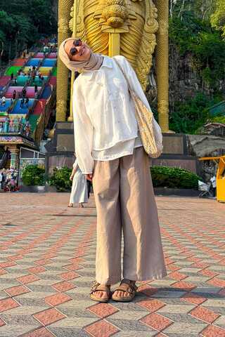 Linen Pleated Wide-Leg Pants Taupe - 1