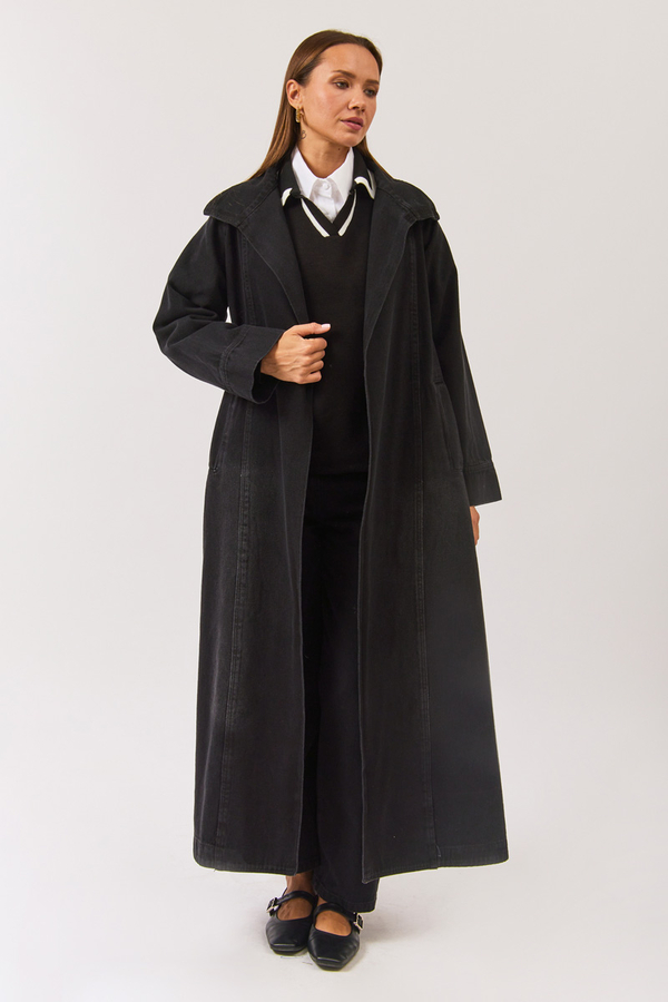 Long Double Breasted Denim Trenchcoat Black - 3