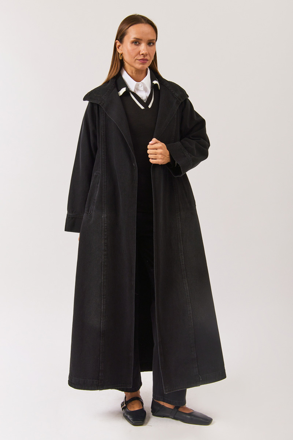 Long Double Breasted Denim Trenchcoat Black - 4
