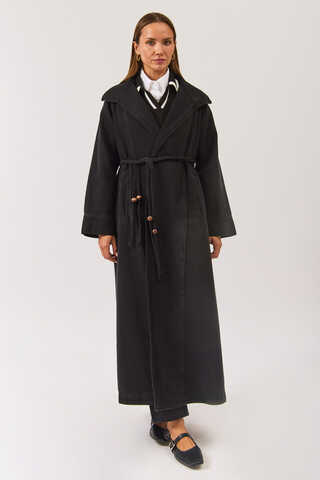 Long Double Breasted Denim Trenchcoat Black - 5