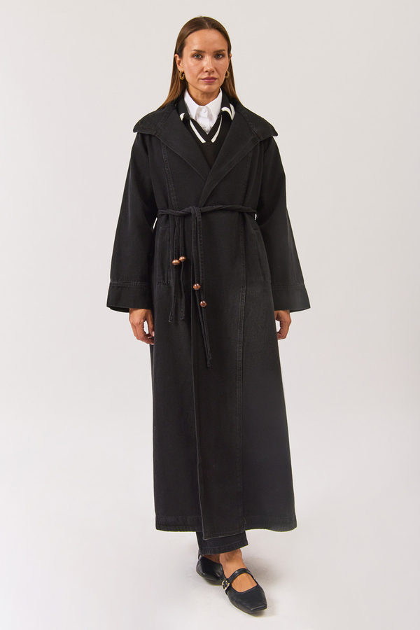 Long Double Breasted Denim Trenchcoat Black - 5