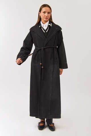 Long Double Breasted Denim Trenchcoat Black - 6