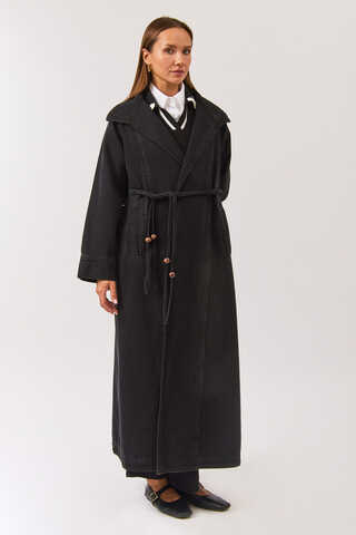 Long Double Breasted Denim Trenchcoat Black - 2