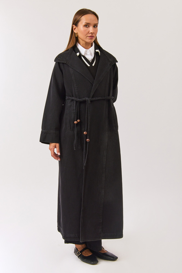 Long Double Breasted Denim Trenchcoat Black - 2