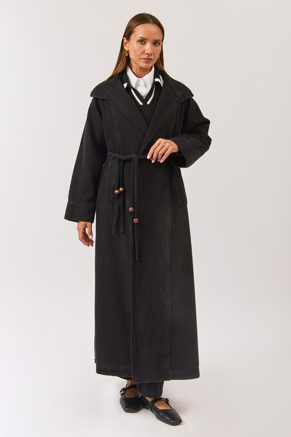 Long Double Breasted Denim Trenchcoat Black - 7