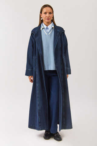 Long Double Breasted Denim Trenchcoat Light Blue - 2