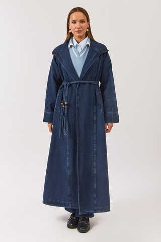 Long Double Breasted Denim Trenchcoat Light Blue - 5