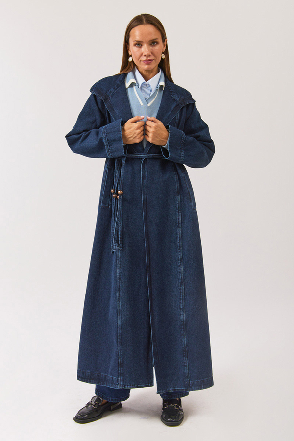 Long Double Breasted Denim Trenchcoat Light Blue - 7