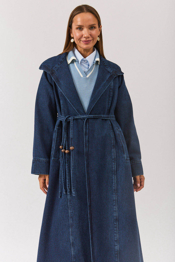 Long Double Breasted Denim Trenchcoat Light Blue - 1