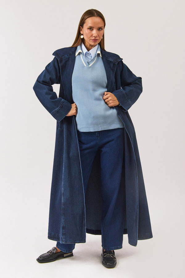 Long Double Breasted Denim Trenchcoat Light Blue - 4