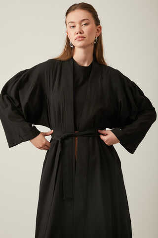 Long Linen Kimono Black - 7