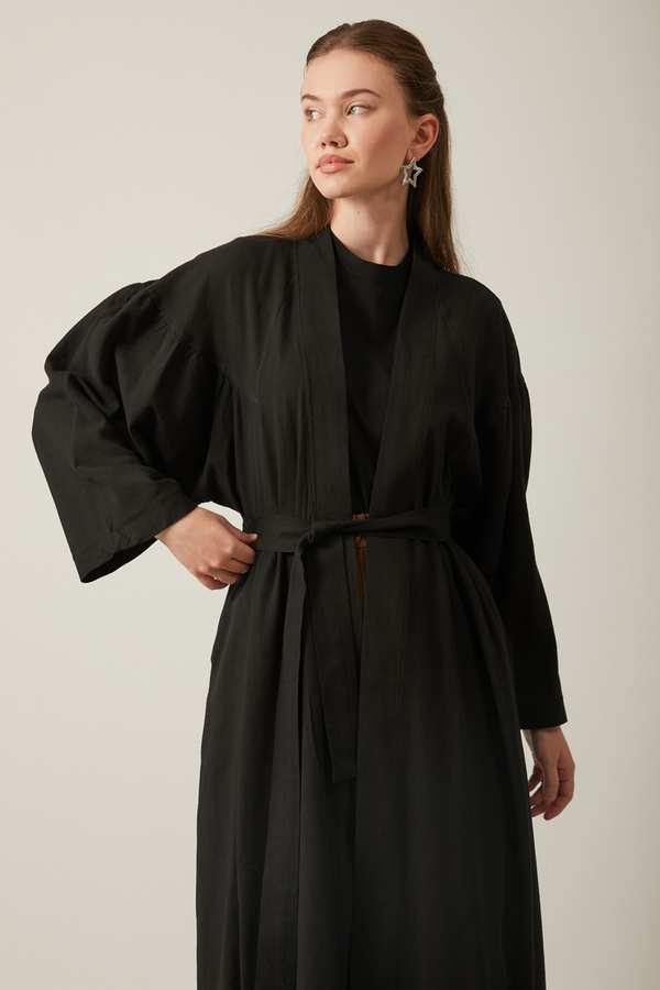Long Linen Kimono Black - 8