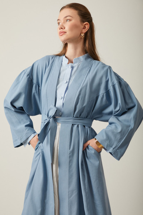 Long Linen Kimono Blue - 5
