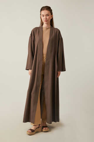 Long Linen Kimono Brown - 1