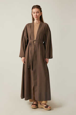 Long Linen Kimono Brown - 4