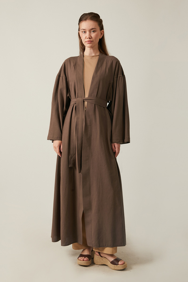 Long Linen Kimono Brown - 4