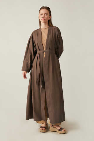 Long Linen Kimono Brown - 5