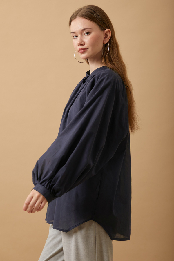 Loose Fit Voile Shirt Navy Blue - 3