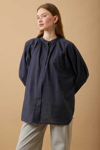 Loose Fit Voile Shirt Navy Blue - 4