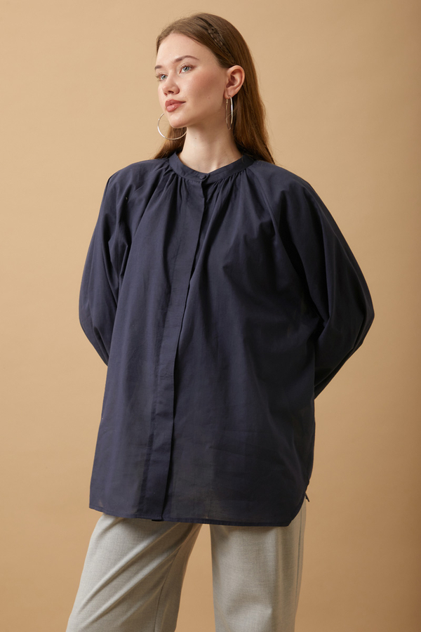 Loose Fit Voile Shirt Navy Blue - 4
