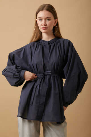 Loose Fit Voile Shirt Navy Blue - 5