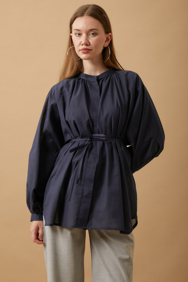 Loose Fit Voile Shirt Navy Blue - 7