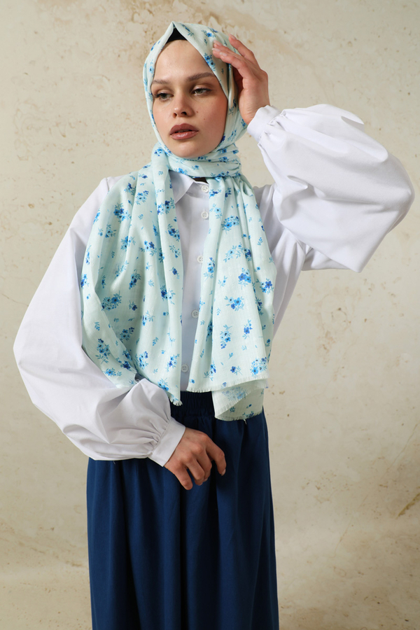 Lotus Desenli Şal Mavi - 1