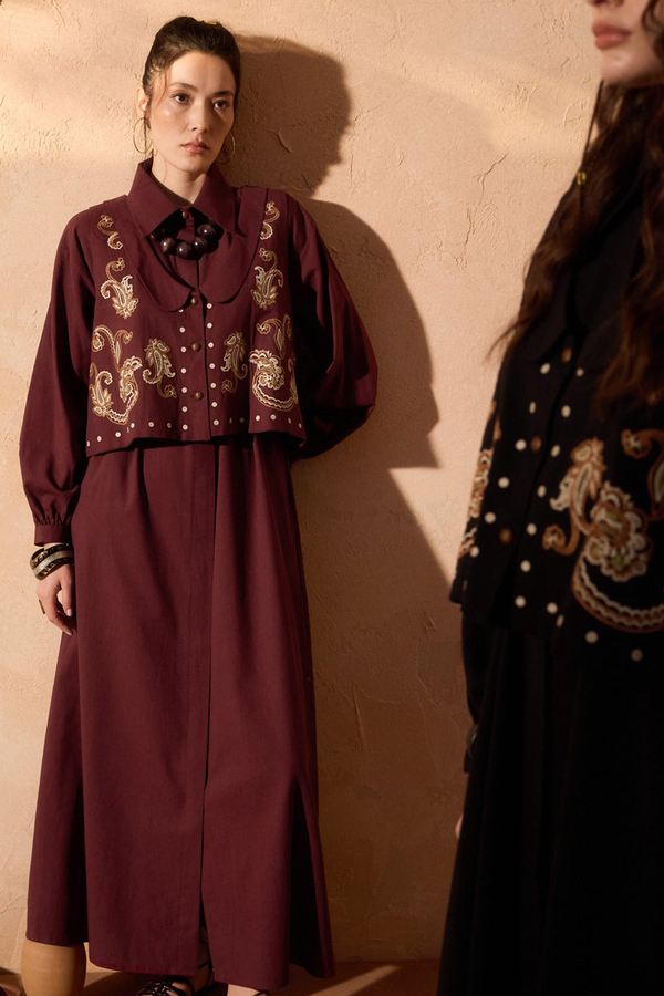 Manas Yelekli Elbise Takım Bordo - 8