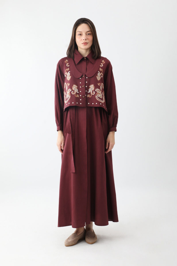 Manas Yelekli Elbise Takım Bordo - 11